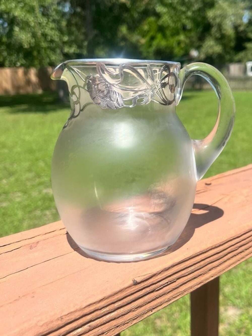 Antique Art Nouveau Sterling Silver Overlay Frosted Glass Water Pitcher